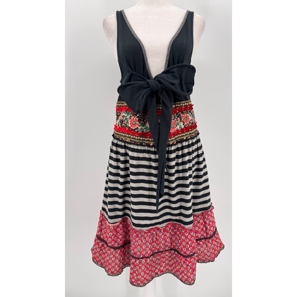 Free People Black Striped Midi Dress with Red Floral Accents